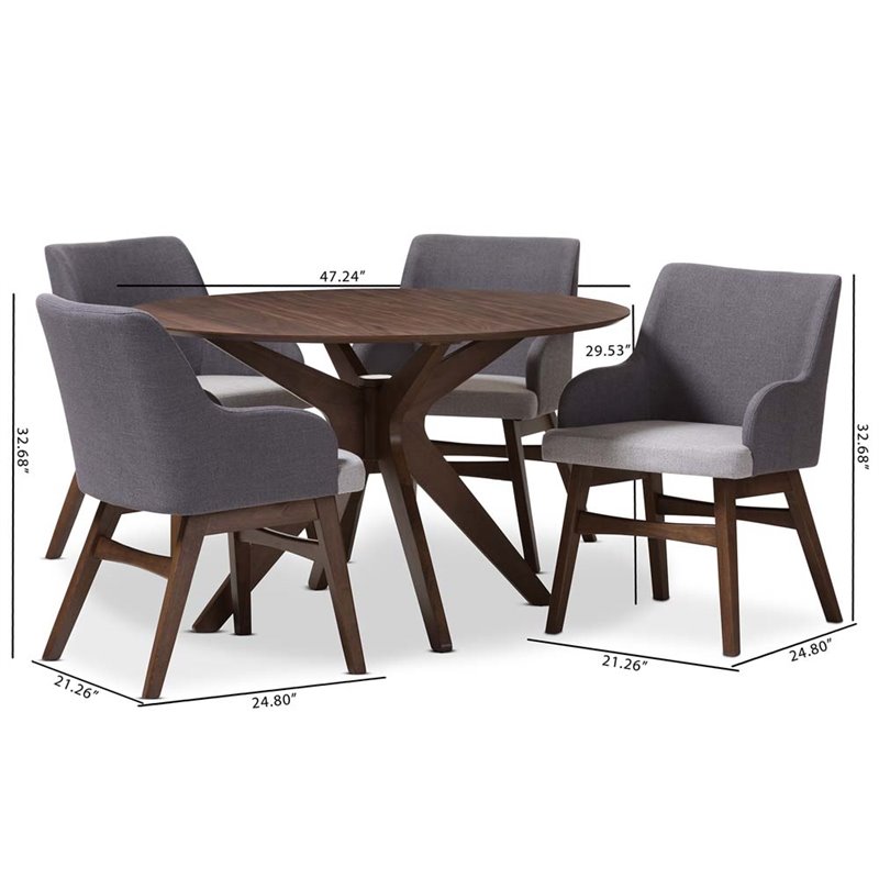 Baxton Studio Monte 5 Piece Round Dining Set in Gray and Walnut