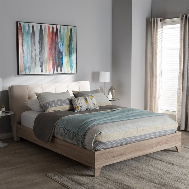Baxton Studio Adelia Queen Platform Bed in Light Beige and Natural