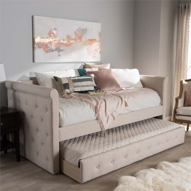 Baxton Studio Alena Fabric Daybed with Trundle in Light Beige