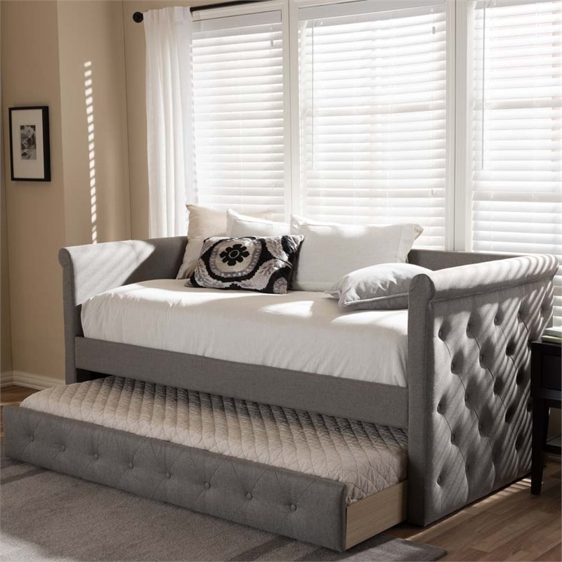 Baxton Studio Alena Fabric Daybed with Trundle in Light Gray
