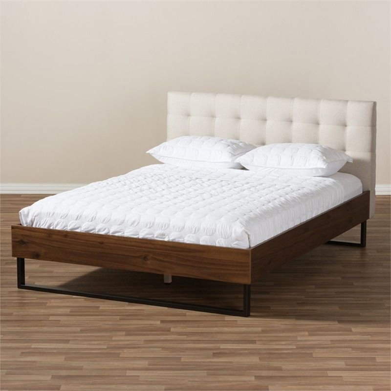 Baxton Studio Mitchell Tufted Queen Platform Bed in Beige and Brown
