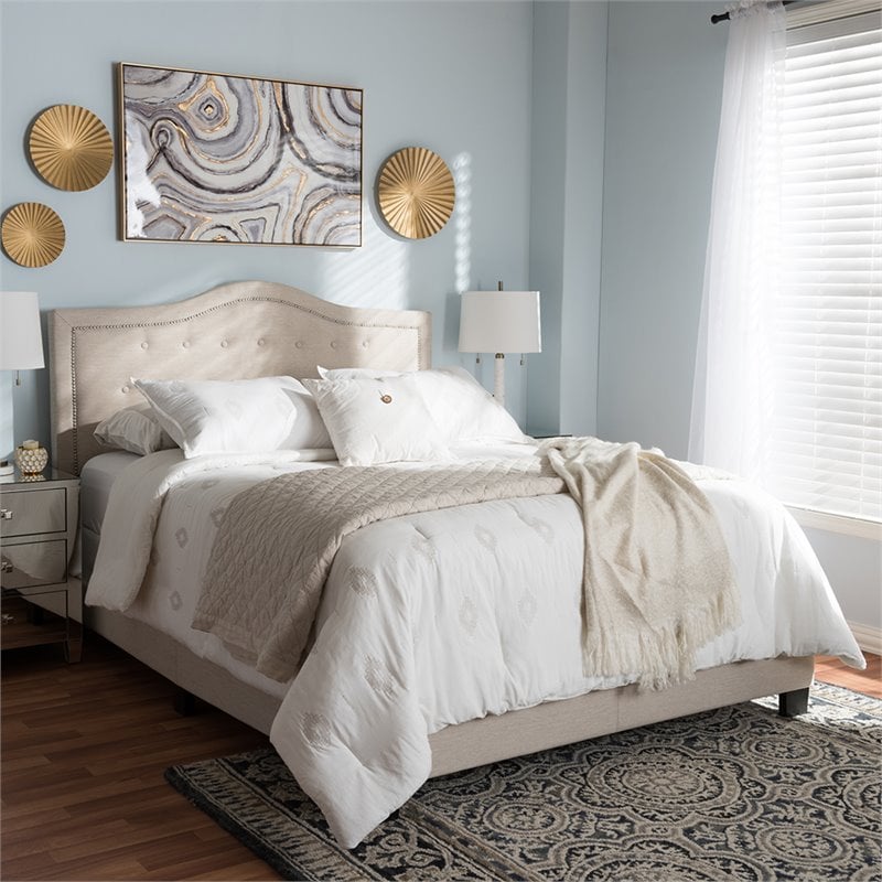 Baxton Studio Emerson Tufted Queen Low Profile Bed in Light Beige