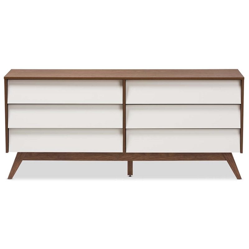 Baxton Studio Hildon 6 Drawer Double Dresser in White and Walnut Brown