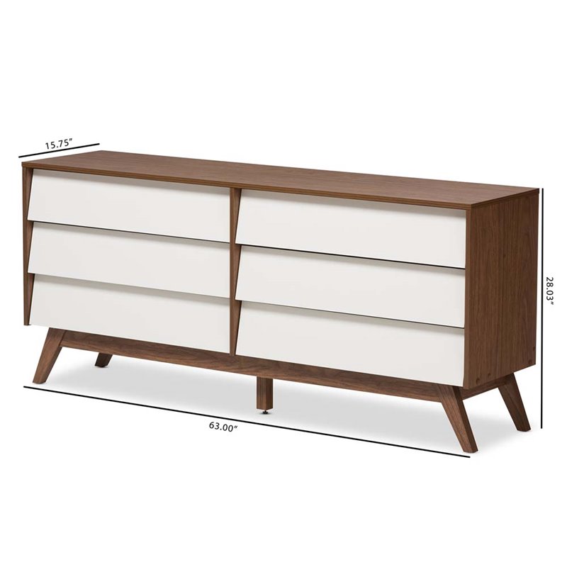 Baxton Studio Hildon 6 Drawer Double Dresser In White And Walnut