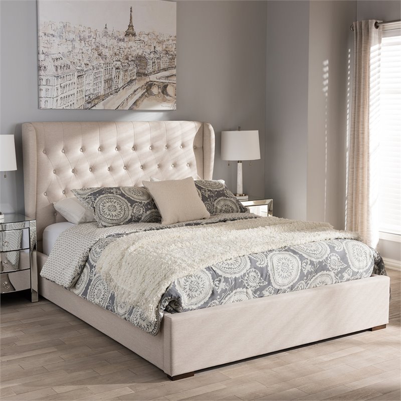 Baxton Studio Penelope Tufted Queen Storage Platform Bed in Beige