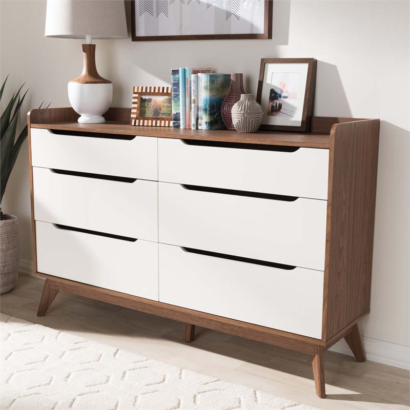 Baxton Studio Brighton 6 Drawer Double Dresser in White and Walnut