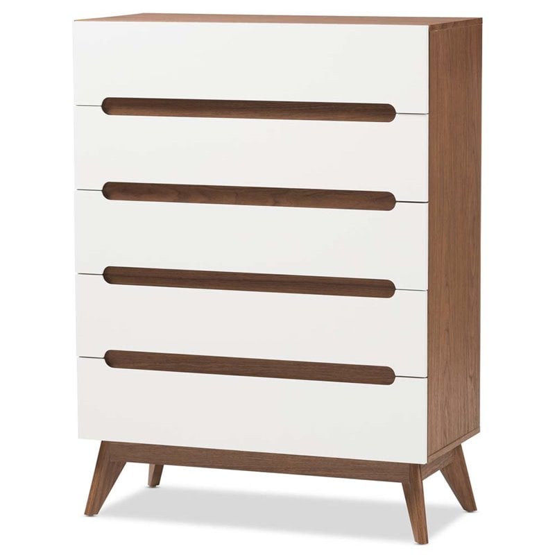 Baxton Studio Calypso 5 Drawer Chest in White and Walnut