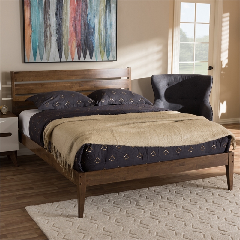 Baxton Studio Elmdon Slatted Wood Headboard Full Platform Bed in Walnut Brown