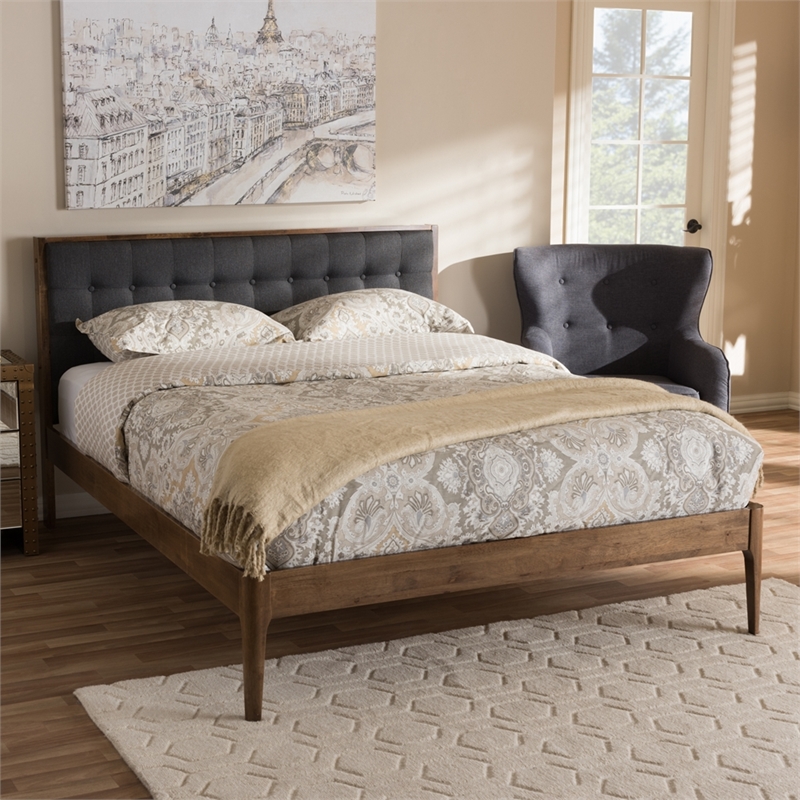 Baxton Studio Jupiter Tufted Fabric Upholstered King Platform Bed in Gray/Walnut