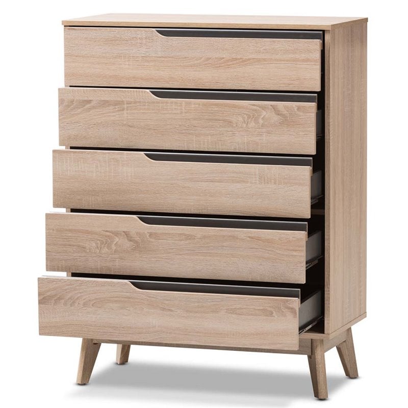Baxton Studio Fella 5 Drawer Wood Chest in Light Brown and Gray