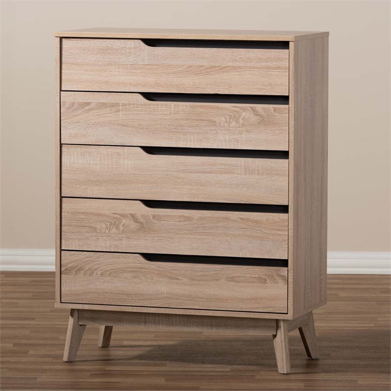 Baxton Studio Fella 5 Drawer Wood Chest in Light Brown and Gray