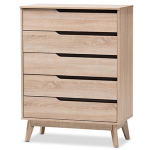 baxton studio fella 5 drawer wood chest in light brown and gray