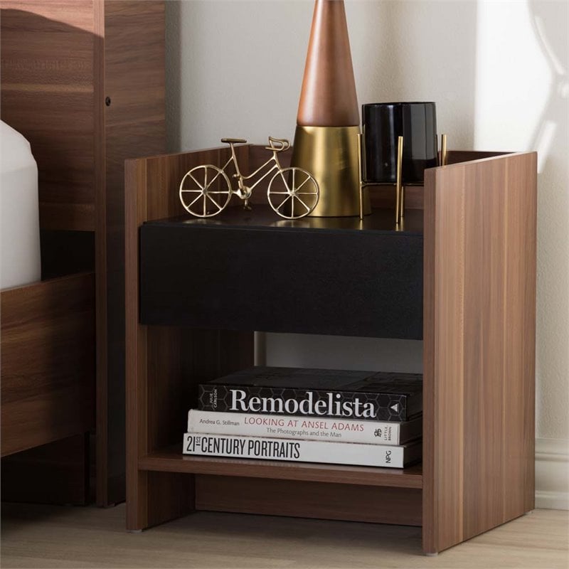 Baxton Studio Vanda 1 Drawer Wood Nightstand in Black and Walnut Brown