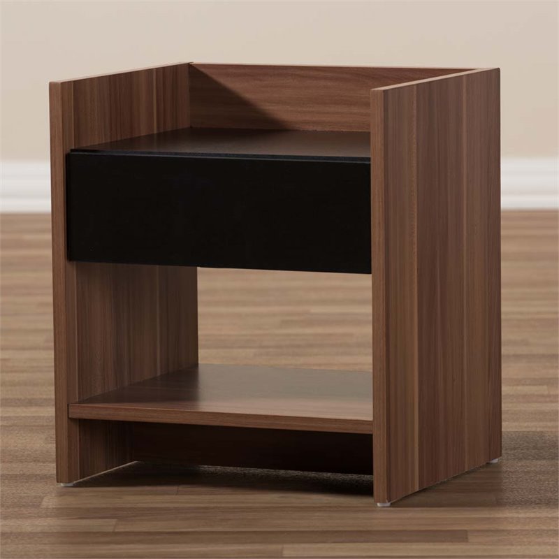 Baxton Studio Vanda 1 Drawer Wood Nightstand in Black and Walnut Brown