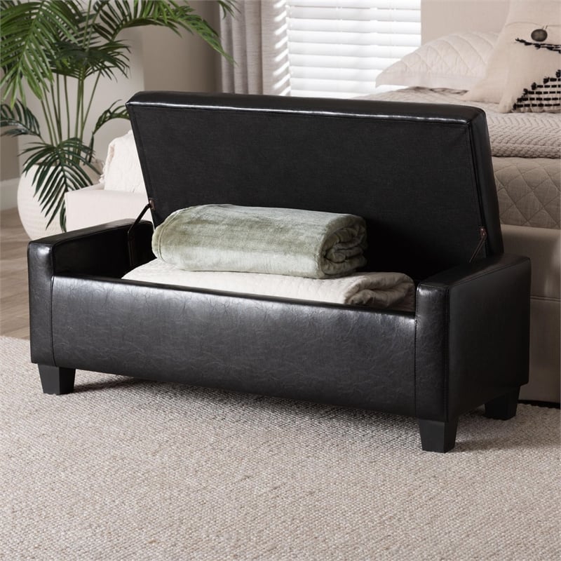 Baxton Studio Manchester Leather Tufted Storage Ottoman Bench in Black