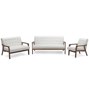 baxton studio masterpieces 3 piece faux leather sofa set in white