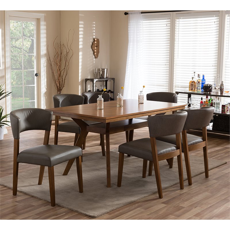 Baxton Studio Montreal 7 Piece Dining Set in Dark Walnut and Gray