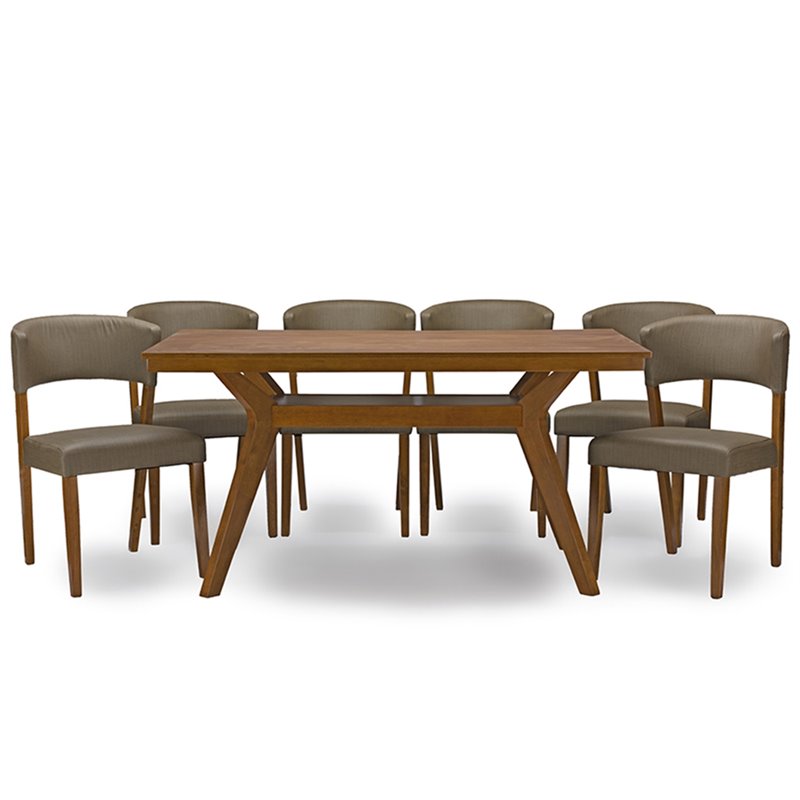 Baxton Studio Montreal 7 Piece Dining Set in Dark Walnut and Gray