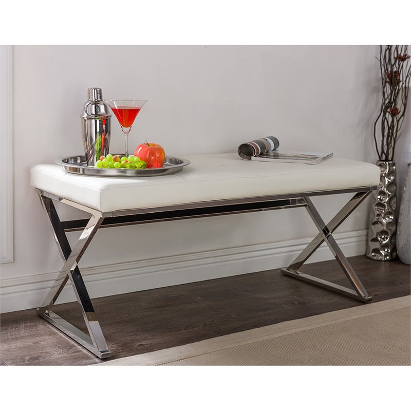 Baxton Studio Herald Faux Leather Bench in White and Silver