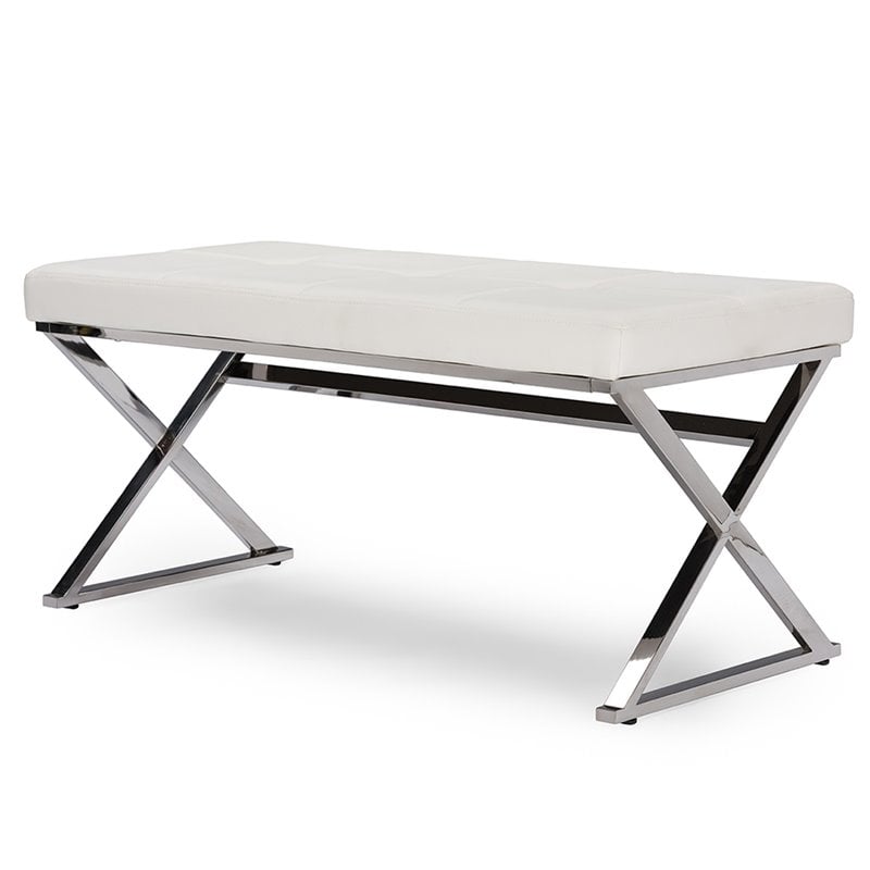 Baxton Studio Herald Faux Leather Bench in White and Silver