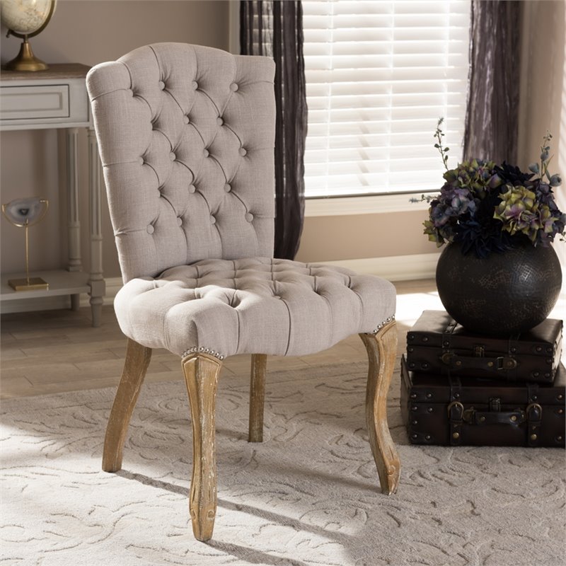 Baxton Studio Hudson Chic Rustic French Country Cottage Weathered Oak Beige Fabric Button-Tufted Upholstered Dining Chair