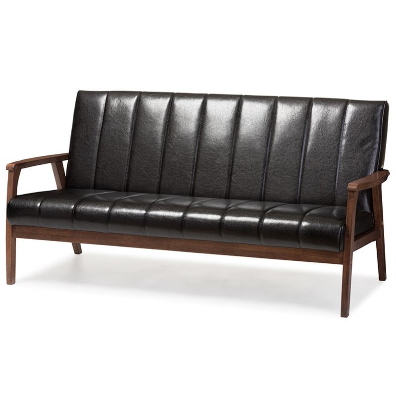 Baxton Studio Nikko Faux Leather Sofa in Black and Walnut