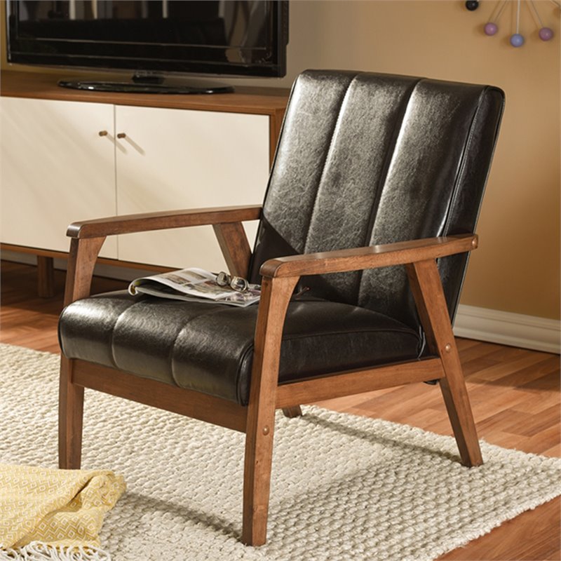 Baxton Studio Nikko Faux Leather Accent Chair in Dark Brown and Walnut