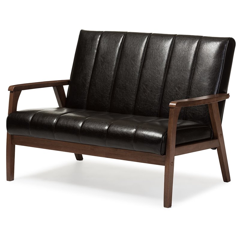 Baxton Studio Nikko Faux Leather Loveseat In Dark Espresso And Walnut