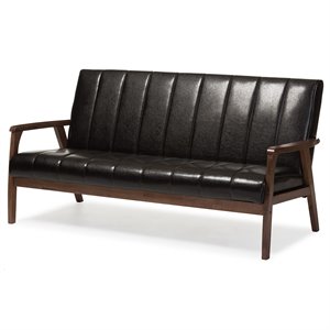 baxton studio nikko faux leather sofa in dark brown and walnut