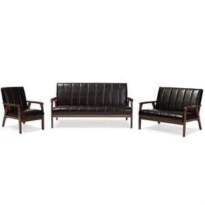 Baxton Studio Nikko 3 Piece Faux Leather Sofa Set in Brown and Walnut