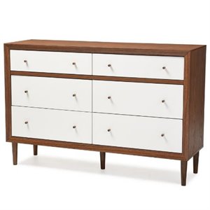 baxton studio harlow 6 drawer double dresser in white and walnut