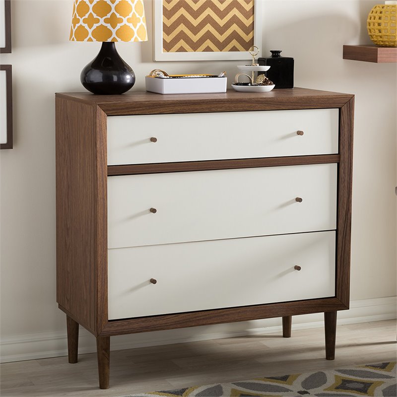 Baxton Studio Harlow 3 Drawer Chest in White and Walnut