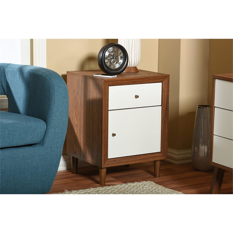 Baxton Studio Harlow 1 Drawer Nightstand in White and Walnut