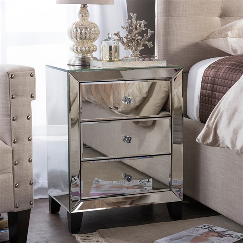 Baxton Studio Chevron 3 Drawer Mirrored Nightstand In Silver Rs1155
