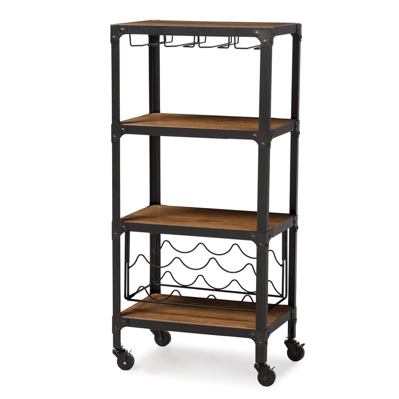 Baxton Studio Swanson Mobile Wine Rack in Antique Black and Brown