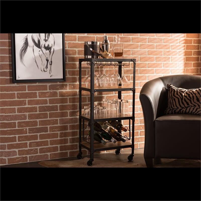 Baxton Studio Swanson Mobile Wine Rack in Antique Black and Brown