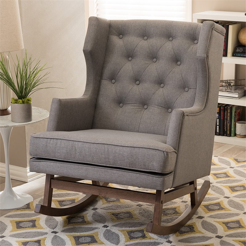 Baxton Studio Iona Tufted Wingback Rocker in Gray and Dark Walnut