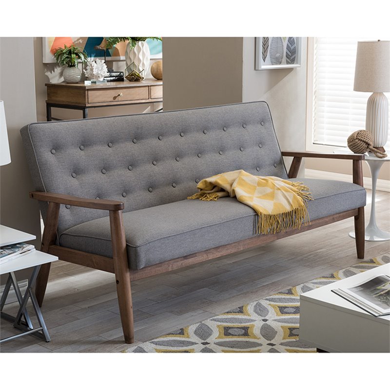 Baxton Studio Sorrento Tufted Sofa in Gray and Walnut