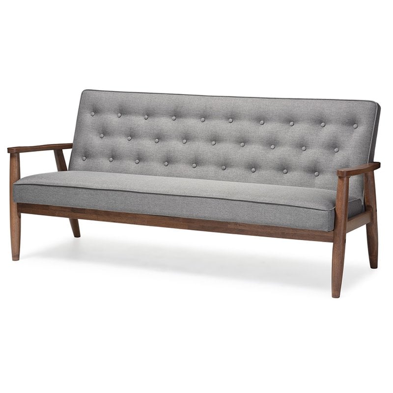 Baxton Studio Sorrento Tufted Sofa in Gray and Walnut