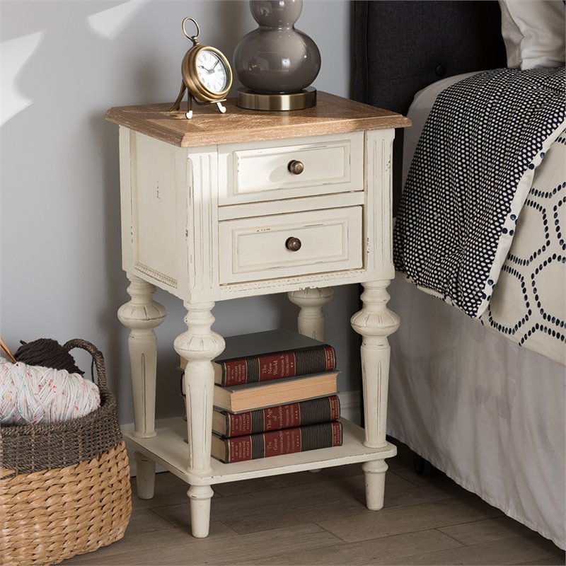 Baxton Studio Marquetterie 2 Drawer Nightstand in Oak and White
