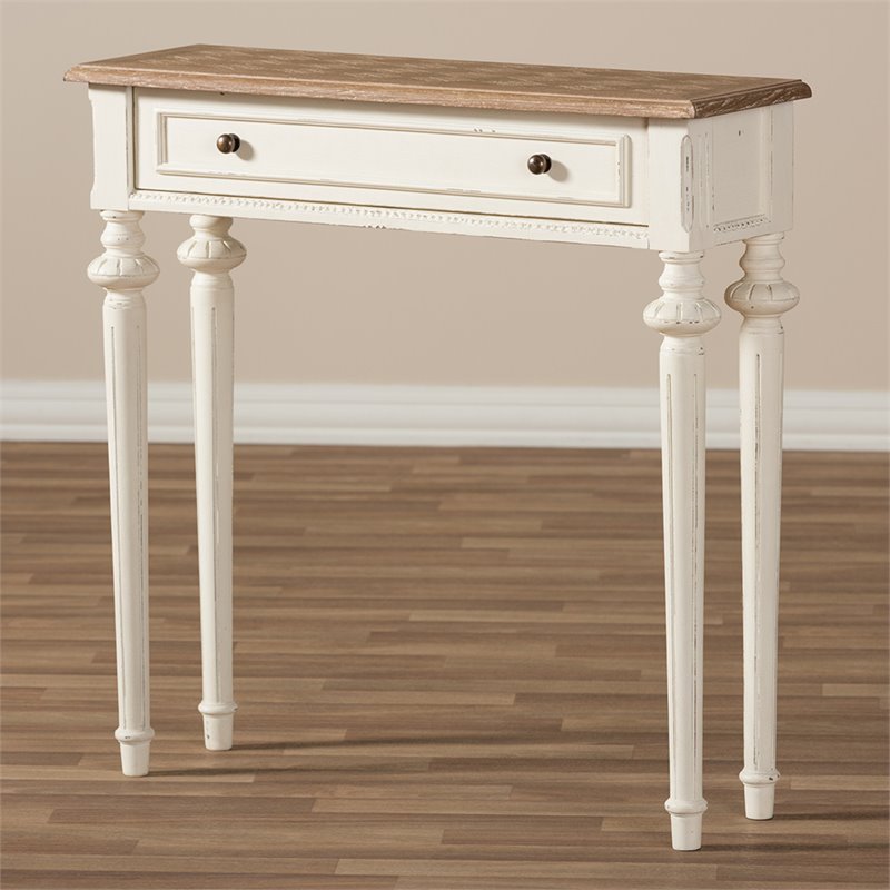 Baxton Studio Marquetterie Console Wood Table in Weathered Oak and White