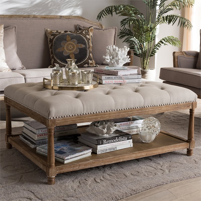 Baxton Studio Carlotta Coffee Table Ottoman in Beige and Oak