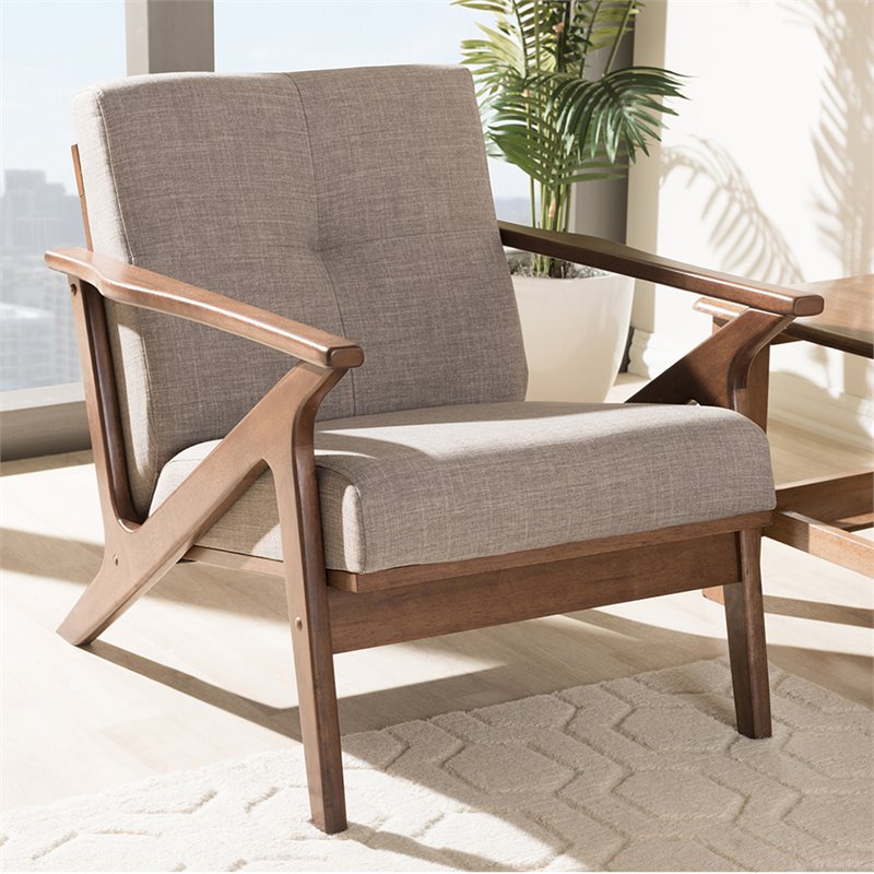 Baxton Studio Bianca Tufted Accent Arm Chair in Gray and Walnut Brown