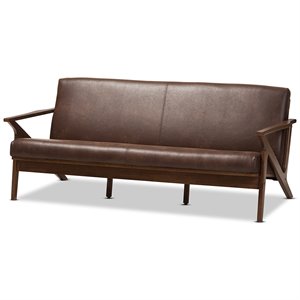 baxton studio bianca faux leather sofa in dark brown and walnut brown