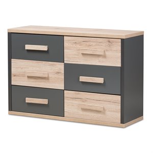 baxton studio pandora 6 drawer double dresser in gray and oak brown