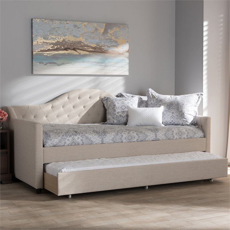 Baxton Studio Perry Fabric Daybed with Trundle in Light Beige