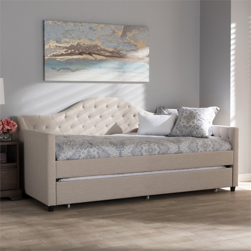 Baxton Studio Perry Fabric Daybed with Trundle in Light Beige
