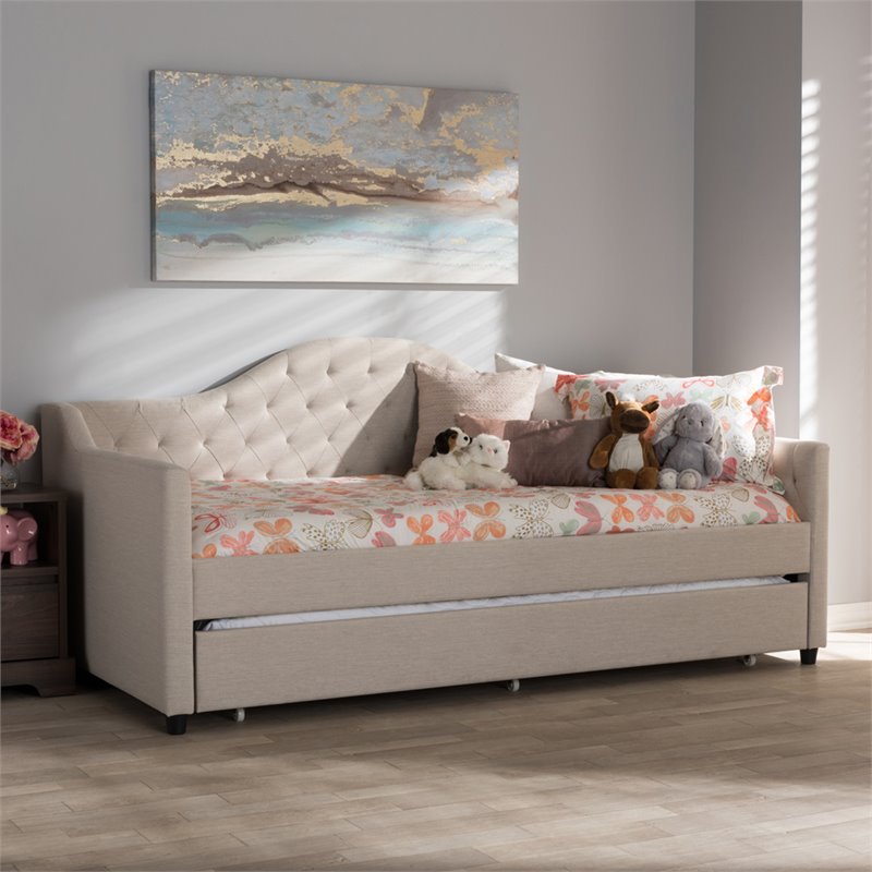 Baxton Studio Perry Fabric Daybed with Trundle in Light Beige