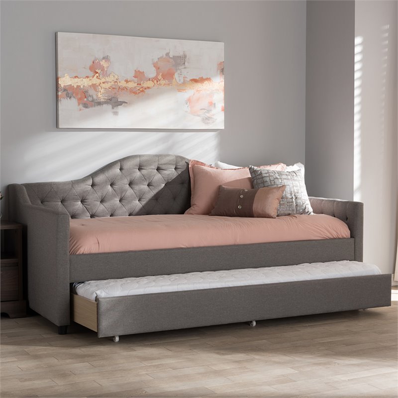 Baxton Studio Perry Fabric Daybed with Trundle in Light Gray
