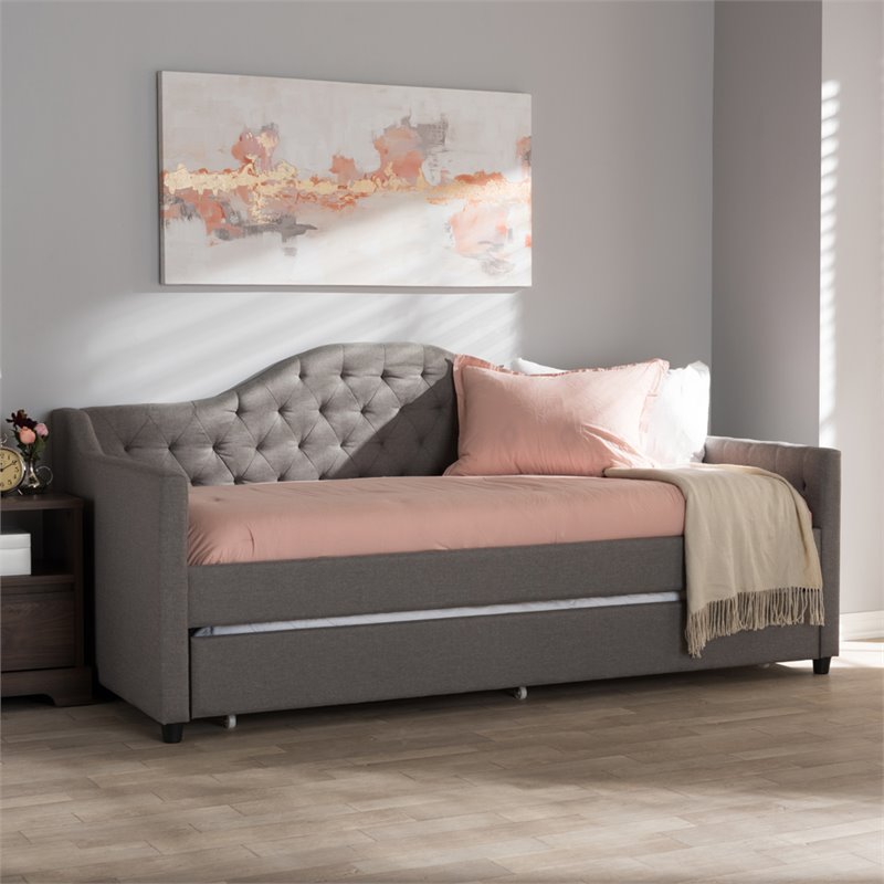 Baxton Studio Perry Fabric Daybed with Trundle in Light Gray